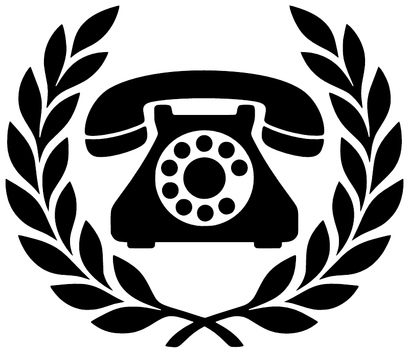 Black telephone vinyl decal with circular laurel wreath and handset graphic