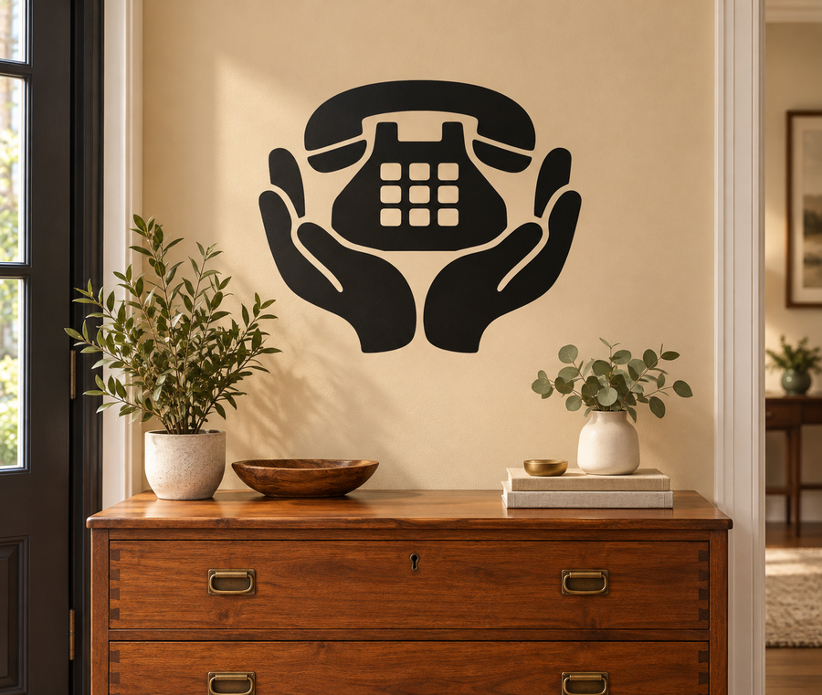 Hands holding telephone vinyl decal, black phone with keypad detail