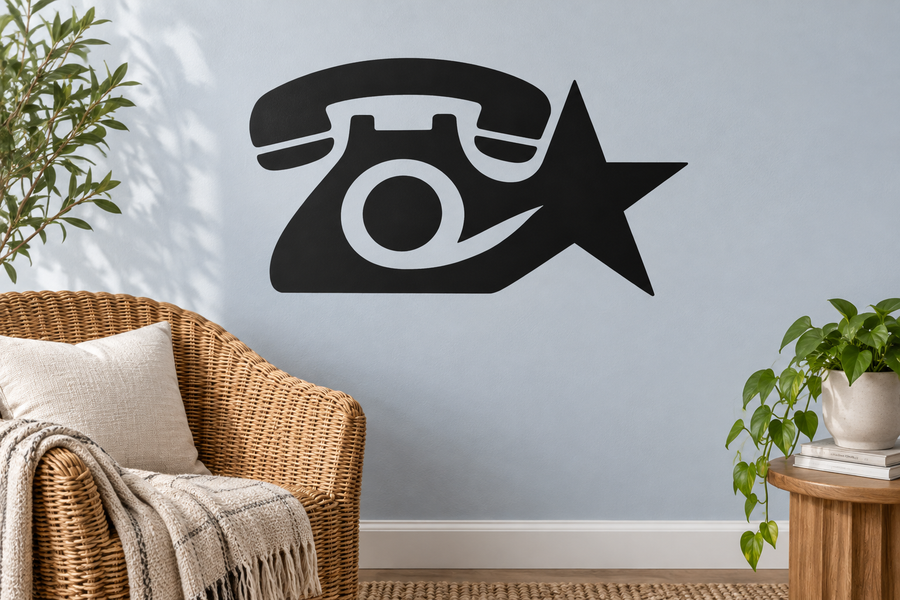 Black telephone and star vinyl wall decal with white circle details
