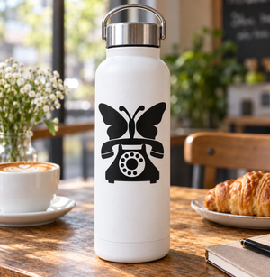 White bottle with black telephone and butterfly vinyl decal on front