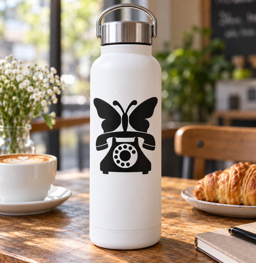 White bottle with black telephone and butterfly vinyl decal on front