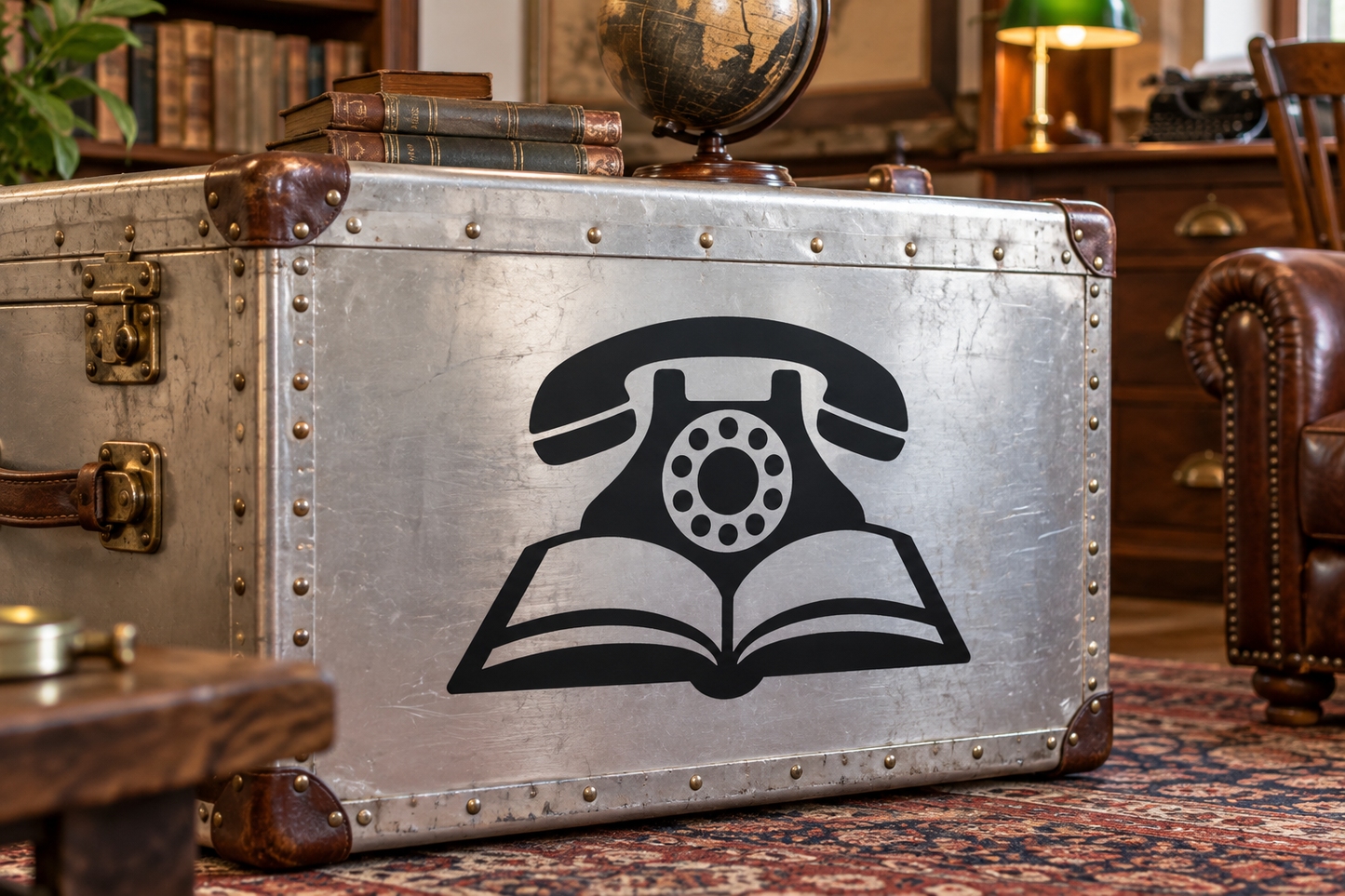 Telephone and book vinyl decal, black icon on silver trunk panel