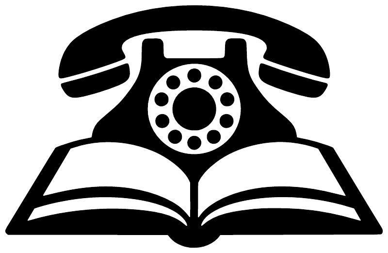 Telephone and book vinyl decal, black telephone over open book icon