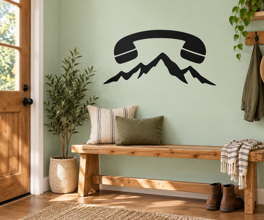 Black vinyl telephone and mountain ridge wall decal, handset over mountain peaks.