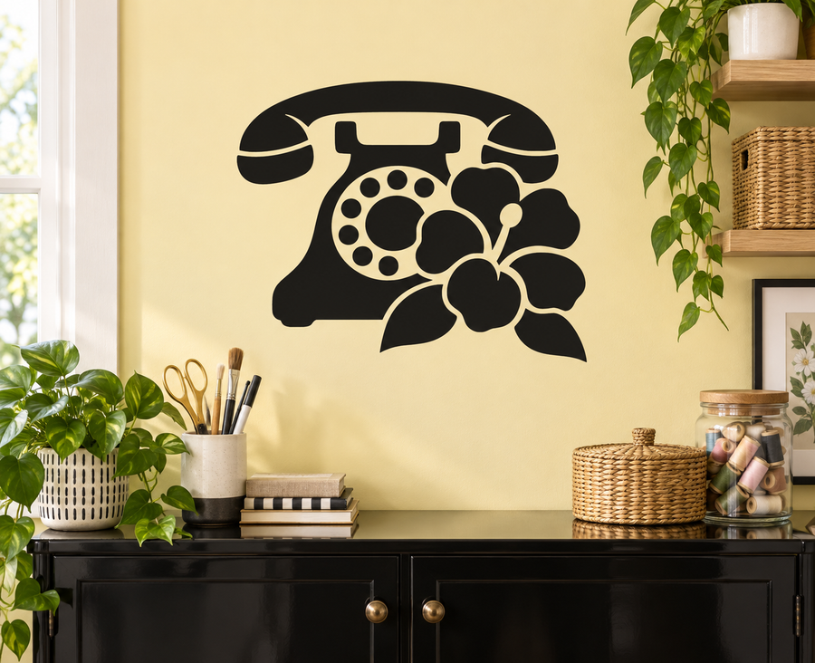 Black vinyl wall decal of telephone with flower design