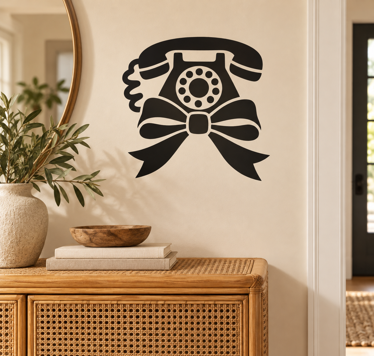 Black telephone with ribbon knot vinyl wall decal