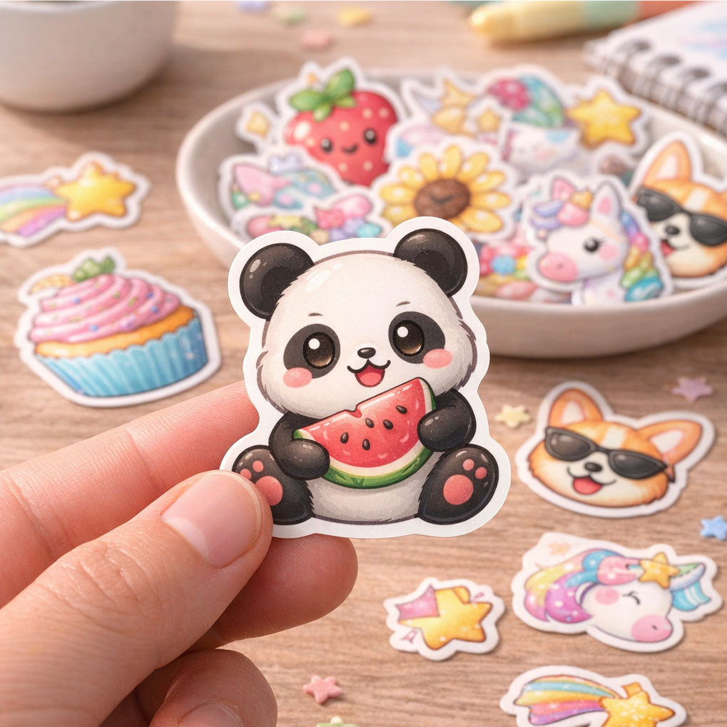 Panda temporary sticker with red watermelon slice, held by fingers