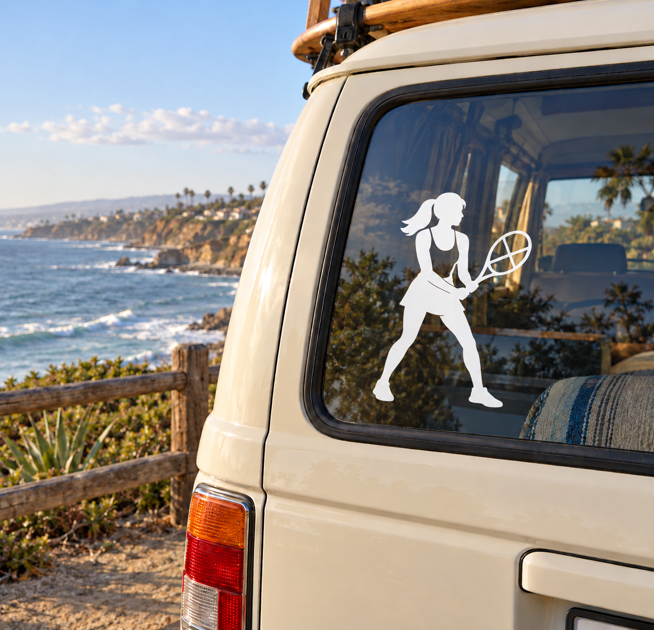 Tennis player vinyl decal on car window, white silhouette holding racket