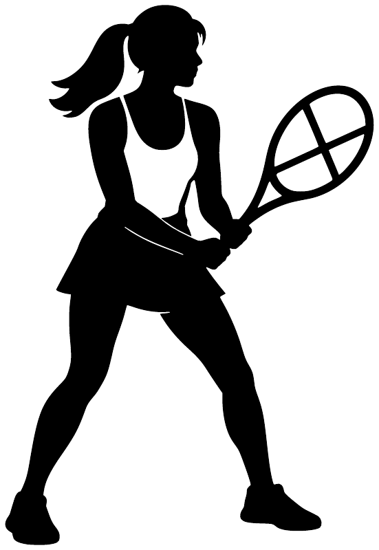 Tennis player vinyl decal silhouette holding racket, black graphic