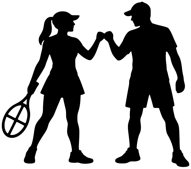 Silhouette tennis players fist bump vinyl decal with rackets, two figures