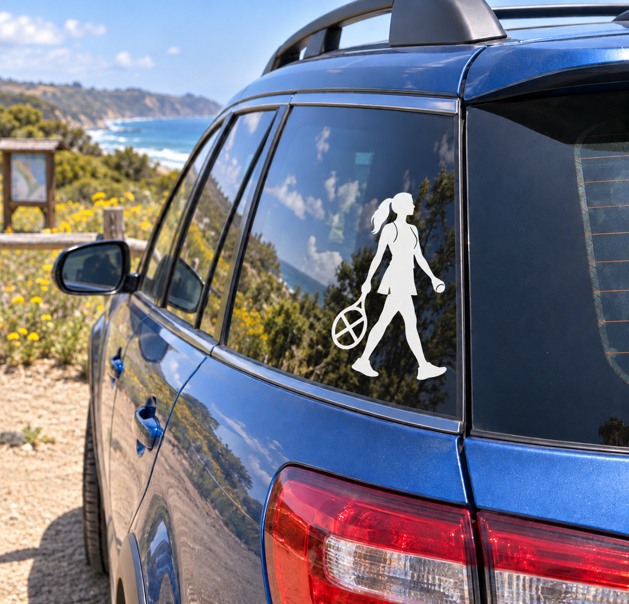 Vinyl tennis player decal silhouette holding racket on car window