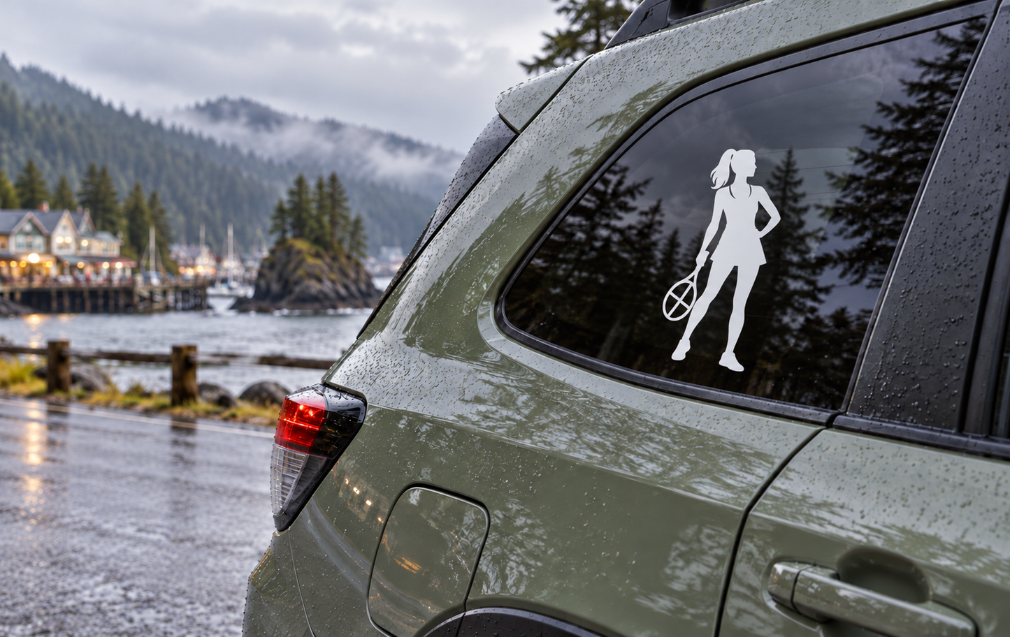 Vinyl tennis decal on car window: female silhouette holding racket at rest
