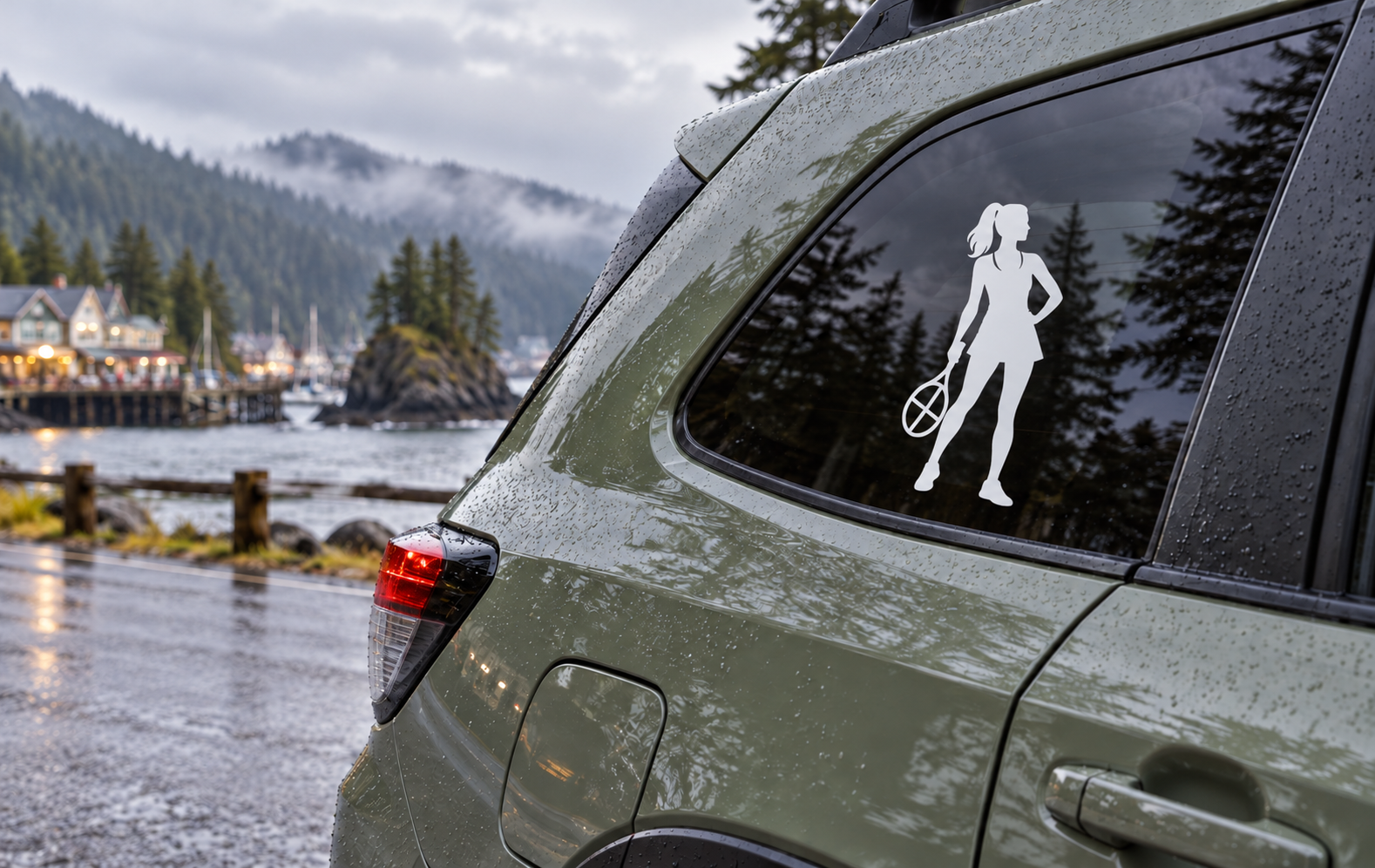 Vinyl tennis decal on car window: female silhouette holding racket at rest