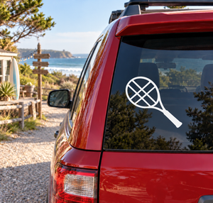 Tennis racket vinyl decal in white on a car window