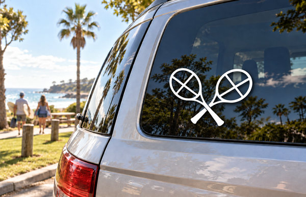 Crossed tennis rackets club vinyl decal, white icon on dark window glass
