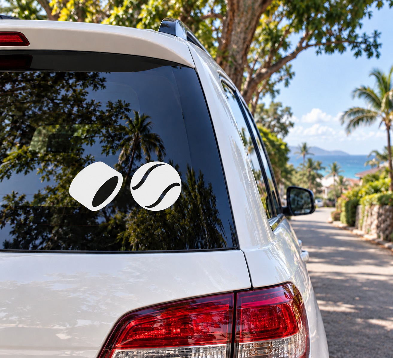 Tennis vinyl decal set with two black-and-white oval tennis symbols for car windows