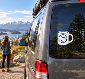 Tennis cup vinyl decal: white mug with tennis-ball icon on dark vehicle window