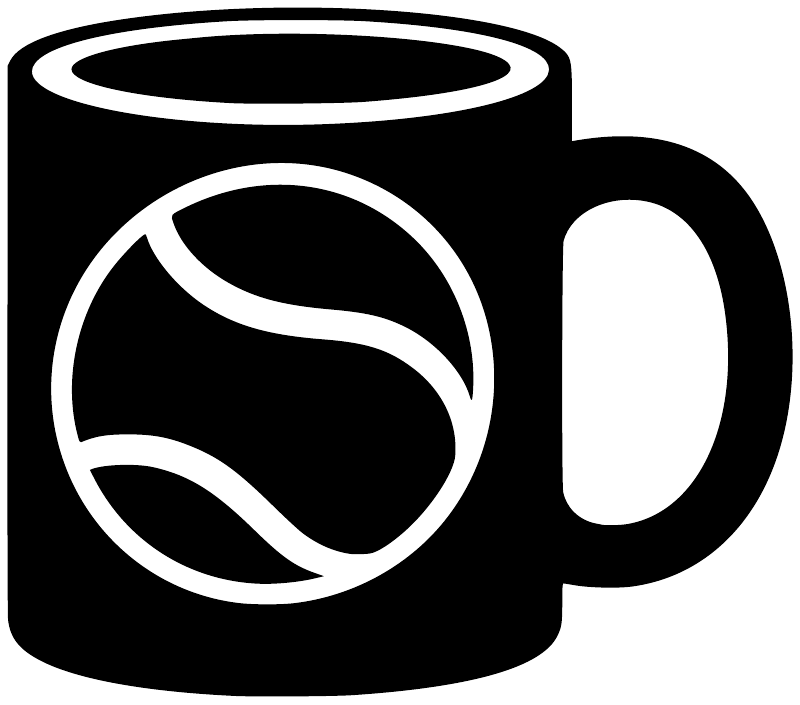 Vinyl decal graphic of a black tennis mug with white tennis-ball swirl and handle