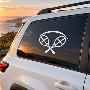 Tennis racket arch vinyl decal on car window, white rackets and crossed balls
