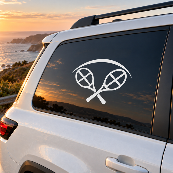 Tennis racket arch vinyl decal on car window, white rackets and crossed balls