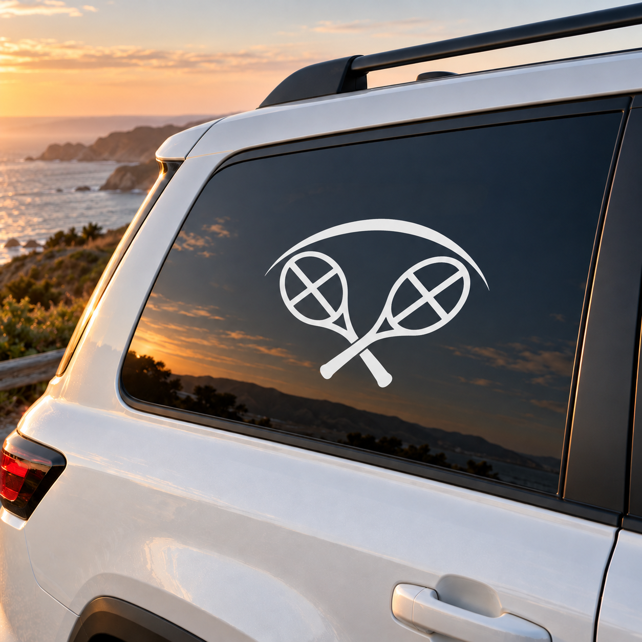 Tennis racket arch vinyl decal on car window, white rackets and crossed balls