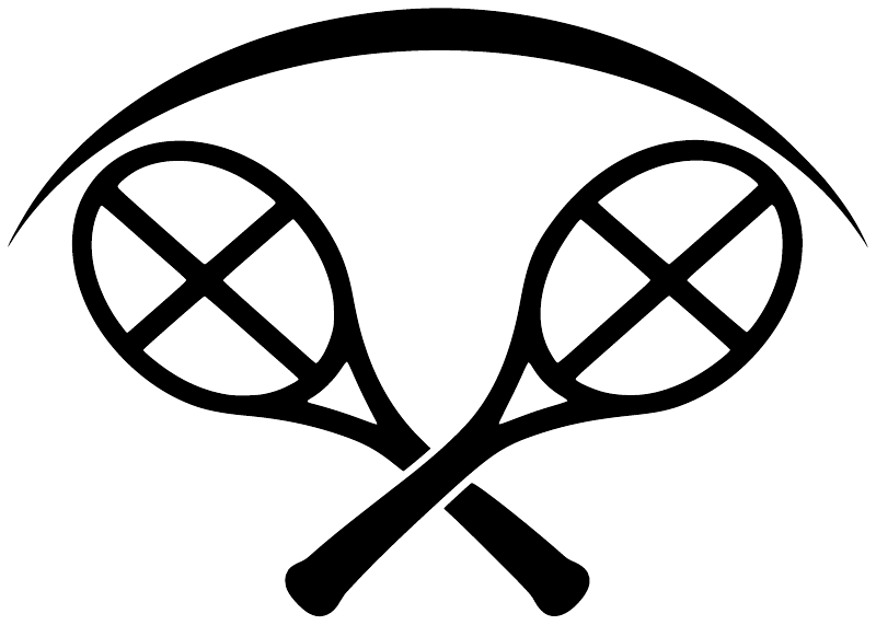 Tennis racket arch icon vinyl decal, white crossed balls and rackets on black outline