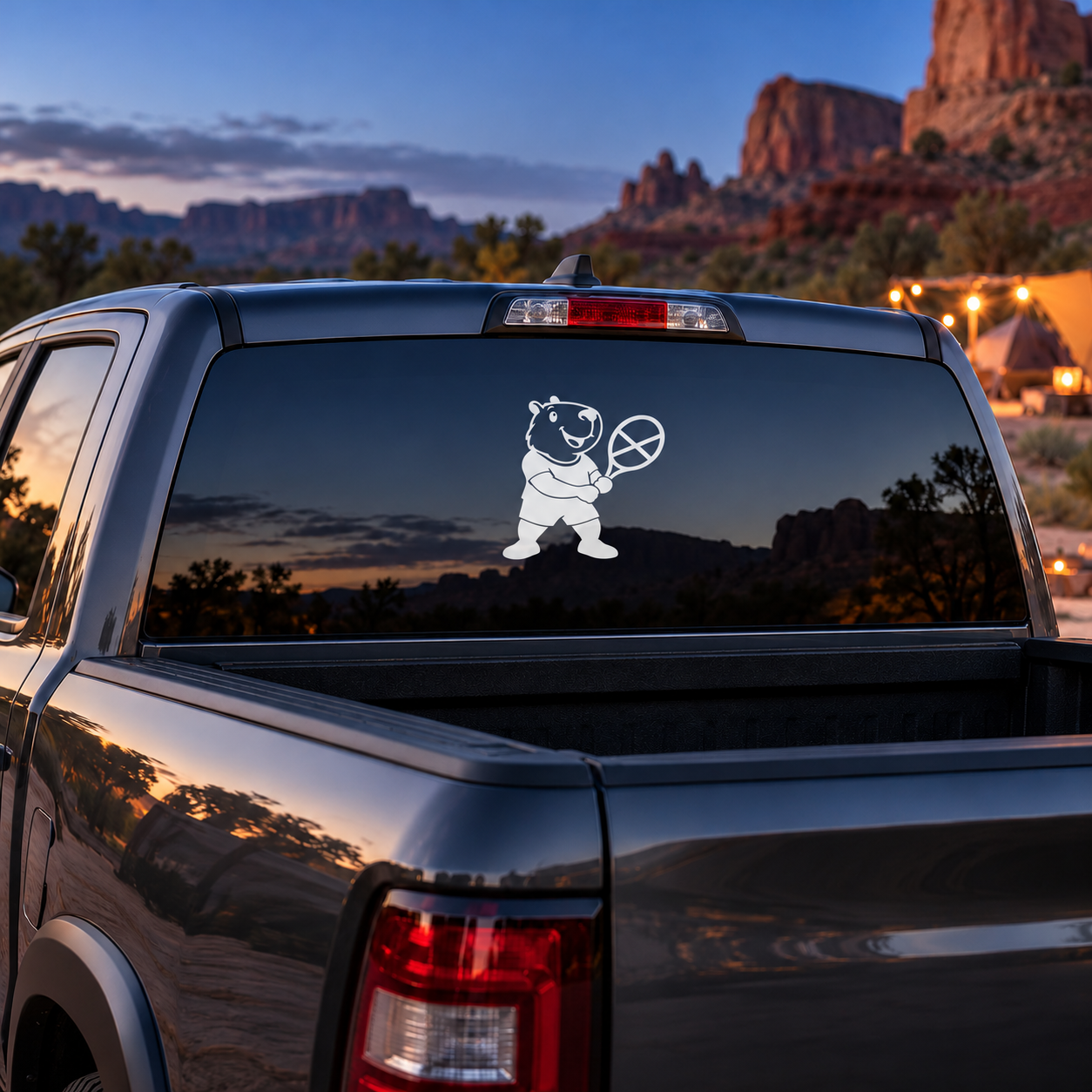 Car window vinyl decal of a capybara holding a tennis racket
