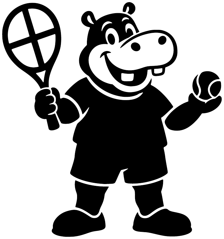 Black and white vinyl decal of smiling hippo with tennis racket and ball