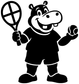 Black and white vinyl decal of smiling hippo with tennis racket and ball