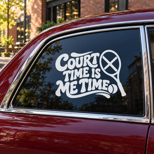 White vinyl decal text “Court Time is Me Time” with crossed tennis racket icon