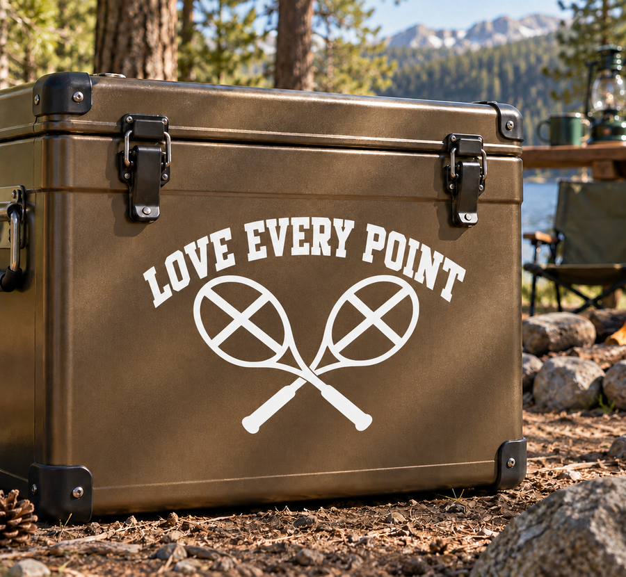 Tennis vinyl decal with 'LOVE EVERY POINT' and two crossed tennis rackets