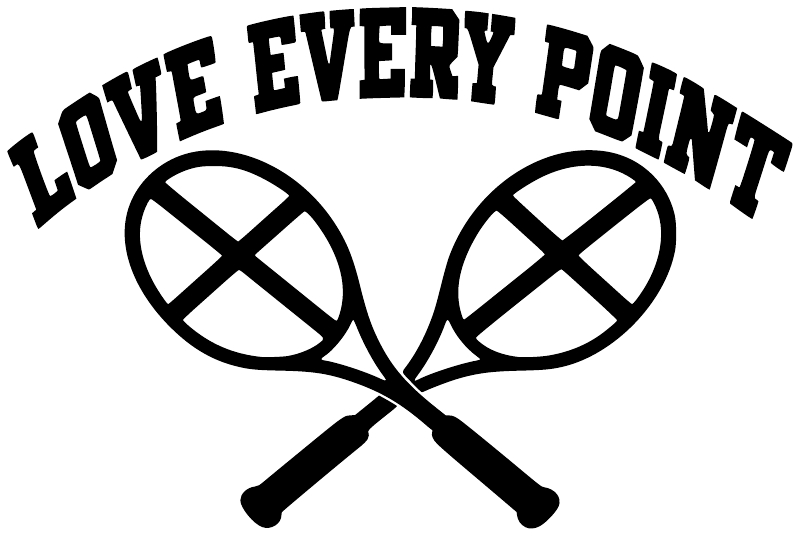Tennis vinyl decal reading 'LOVE EVERY POINT' with two crossed tennis rackets