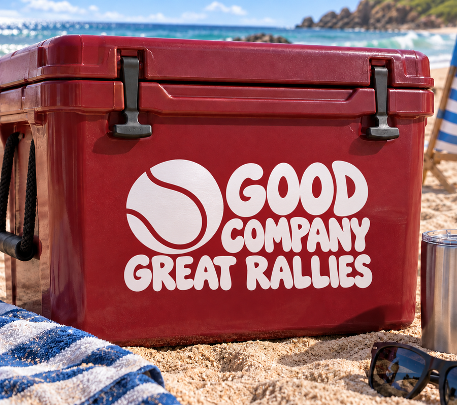 Vinyl tennis decal with white tennis icon and text “GOOD COMPANY GREAT RALLIES”