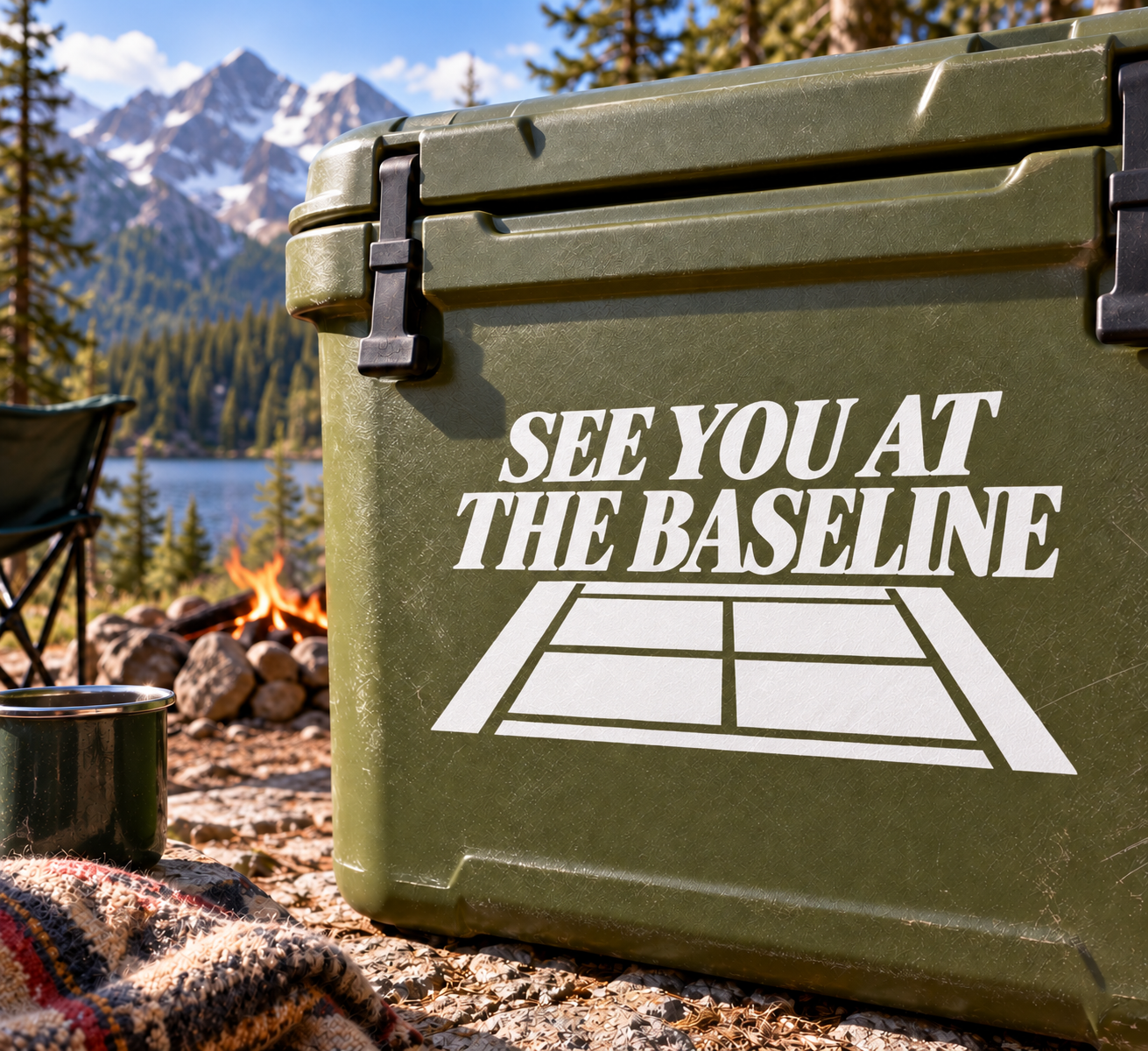 Tennis baseline vinyl decal reading “SEE YOU AT THE BASELINE” with court lines.