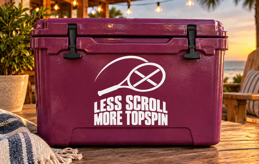 Tennis vinyl decal with racket-ball icon and 'LESS SCROLL MORE TOPSPIN' lettering.