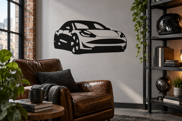 Car contour vinyl decal, three-quarter silhouette in black and white
