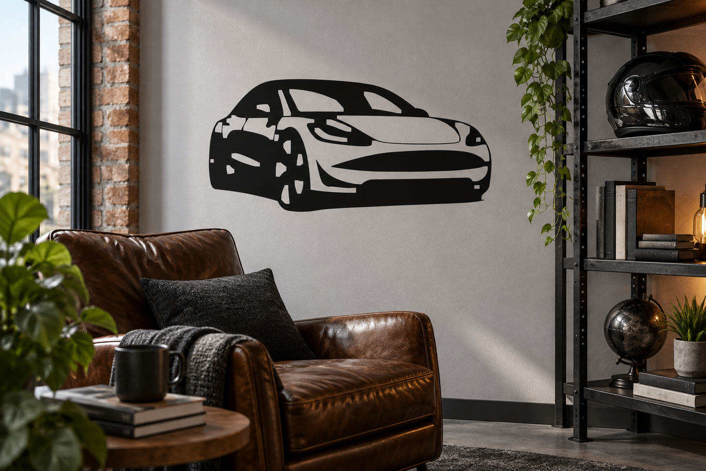 Car contour vinyl decal, three-quarter silhouette in black and white