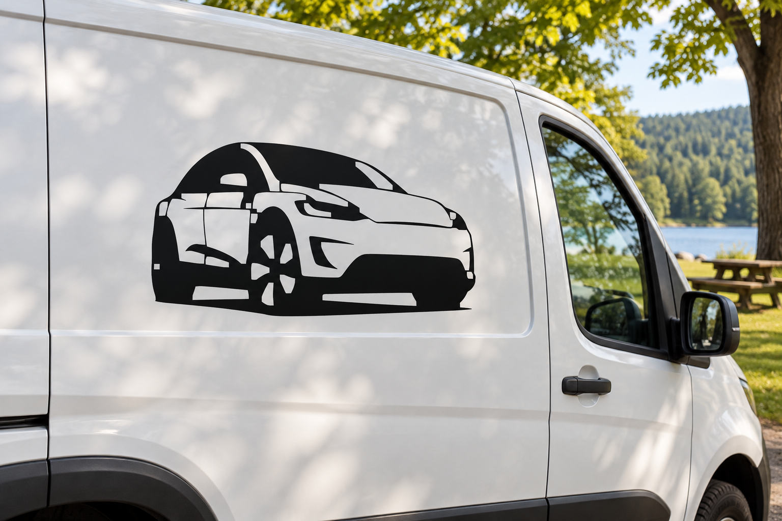 Black and white Tesla Model X contour vinyl decal on car door panel