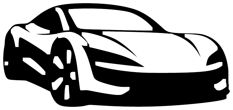White three-quarter car vinyl decal silhouette, high-contrast on black background