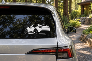Model Y rear angle vinyl decal: white car side profile on rear window