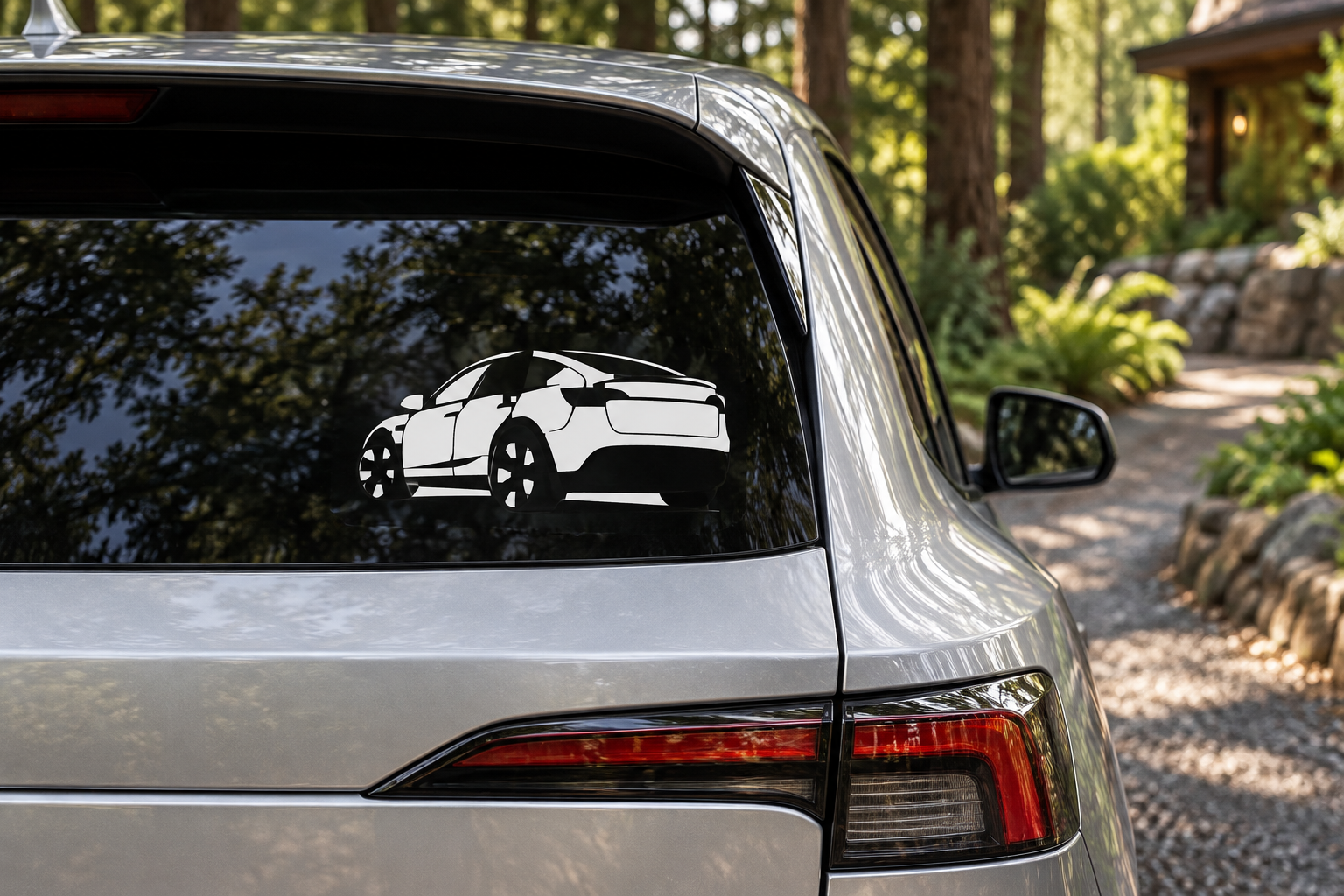 Model Y rear angle vinyl decal: white car side profile on rear window