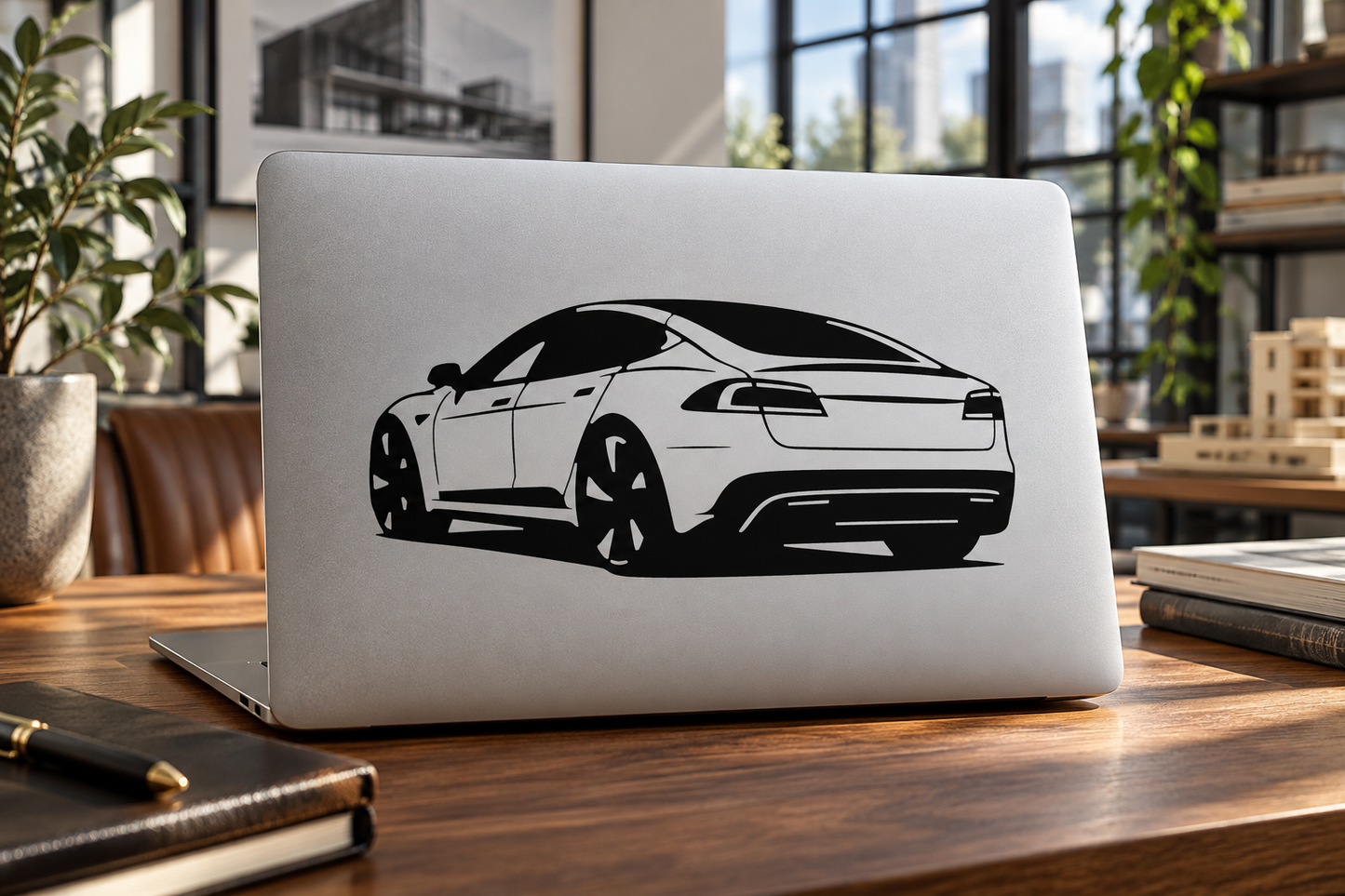 Model S rear-angle vinyl decal with black/white car side view on laptop lid