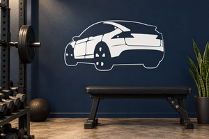 White rear-angle car vinyl decal with black wheels and outline