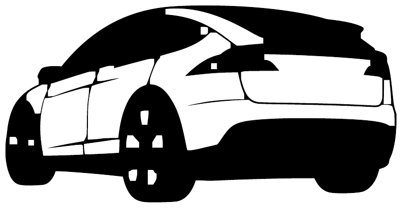 Rear-angle car vinyl decal silhouette in white with black wheel details