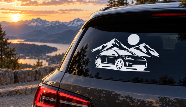Mountain Drive vinyl decal with car and mountain peaks on vehicle rear window