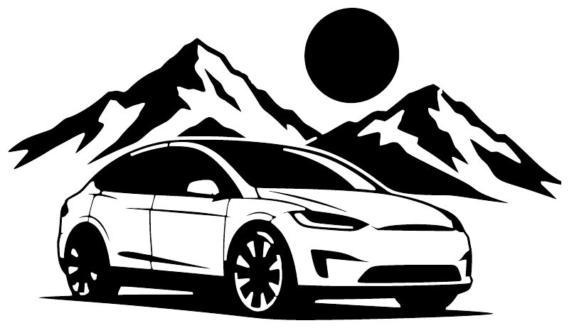 Vinyl decal design with mountain peaks, sports car outline, and solid circle