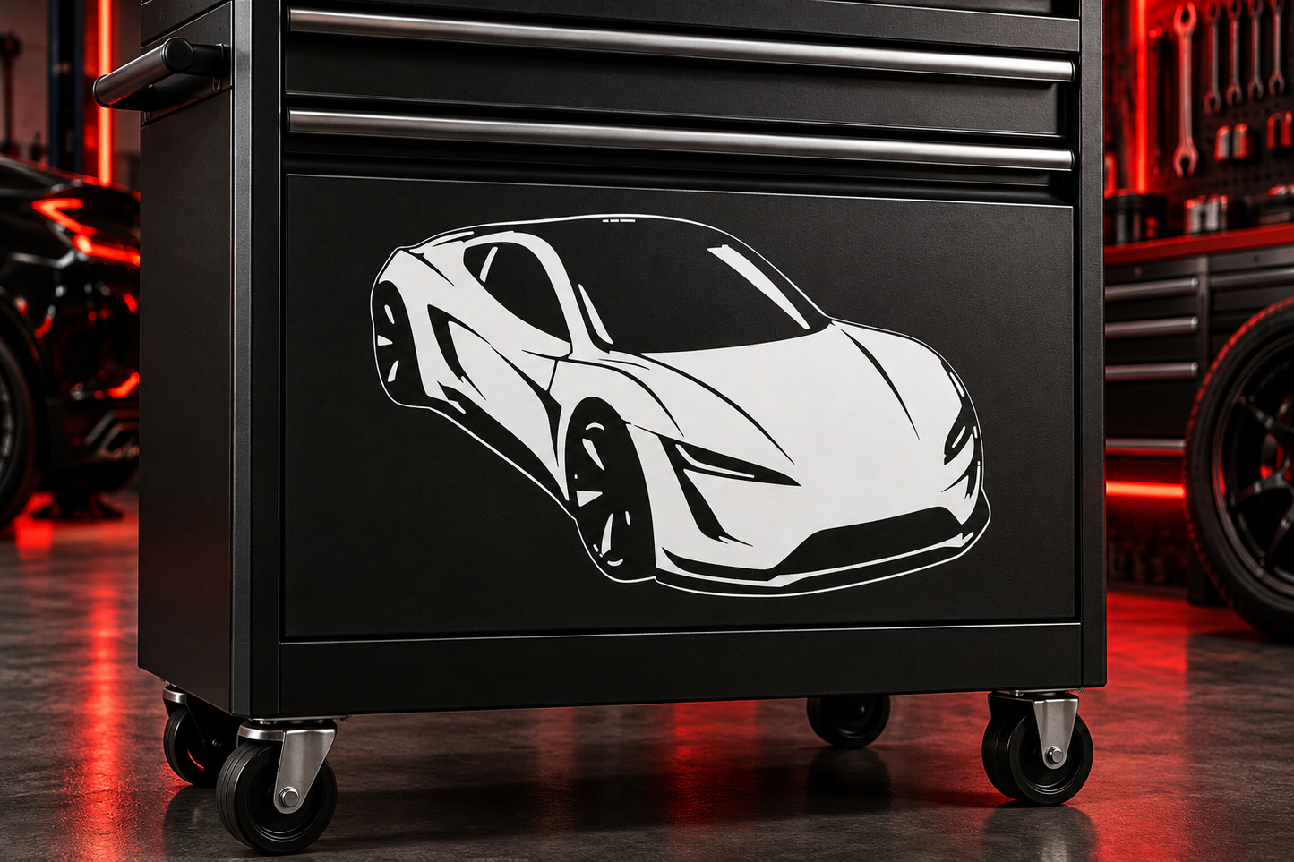 Stylized white sports car vinyl decal on dark background, side view