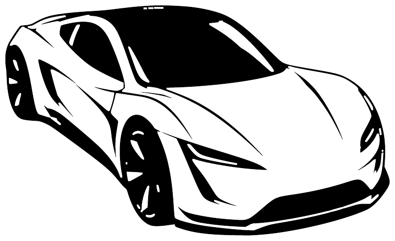 Close-up stylized sports car vinyl decal in white with black linework
