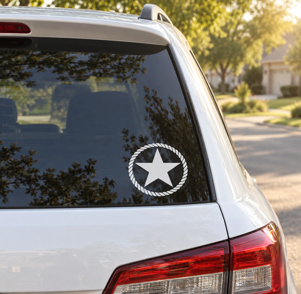 Circular rope ring vinyl decal with black Texas star on car window