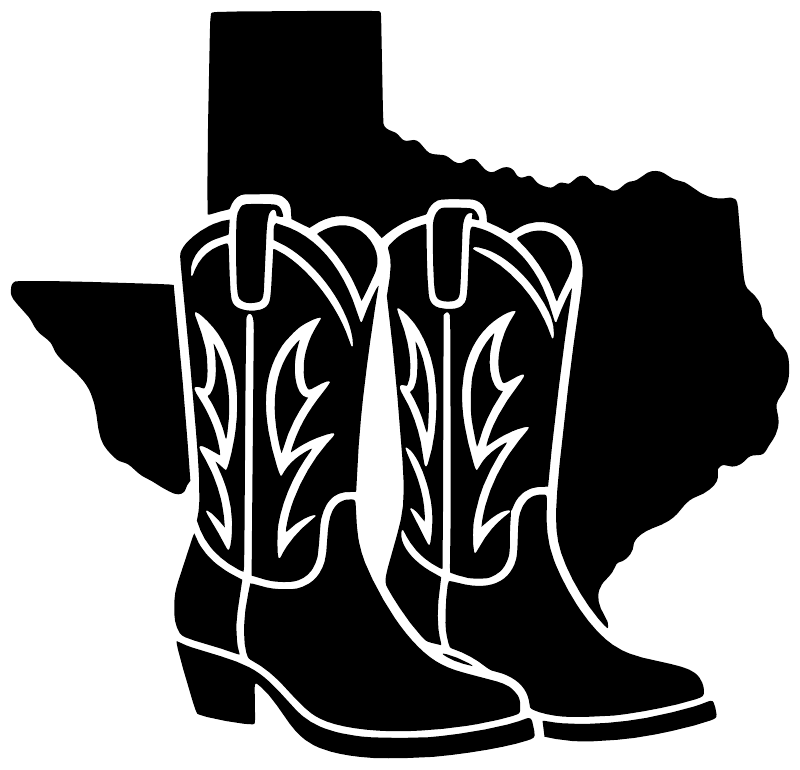 Texas ranch boots vinyl decal with black Texas silhouette and white outlined boots
